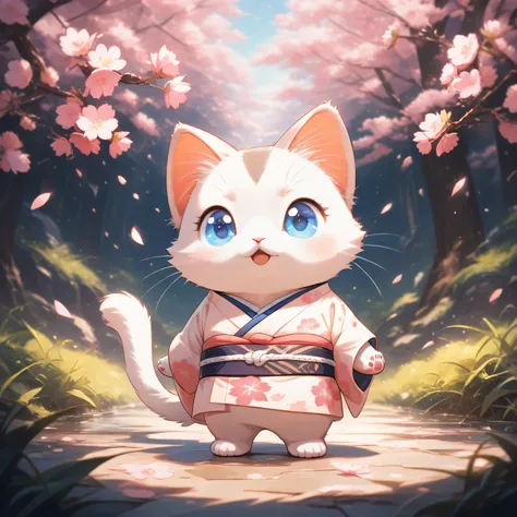 (masterpiece, best quality, ultra-detailed), a cute stylized ragdoll cat standing, rounded face, big gentle blue eyes, semi-long soft cream fur with darker points on the ears, face, paws and tail, wearing a traditional Japanese kimono with subtle floral pa...