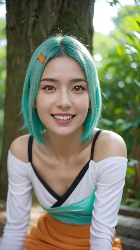 "A hyper-realistic portrait of Fu, the Seven-Tails Jinchuriki from Naruto Shippuden, imagined as if she existed in the real world. She has vibrant mint-green hair styled in a playful and unique way, golden-orange eyes full of energy, and a warm, charming s...