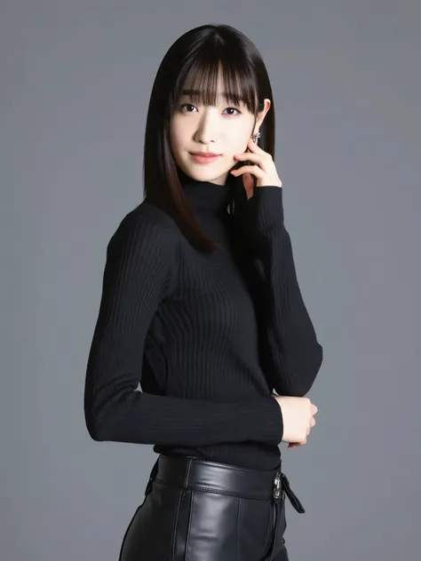Full body image, full body shot, a Japanese cutie girl, 20 years old, (The angle is horizontal), wearing black turtleneck shirt, ((wearing Black skinny leather pants)) , black long hair, smiling, detailed writing, Female Best Image Quality、 super high re...