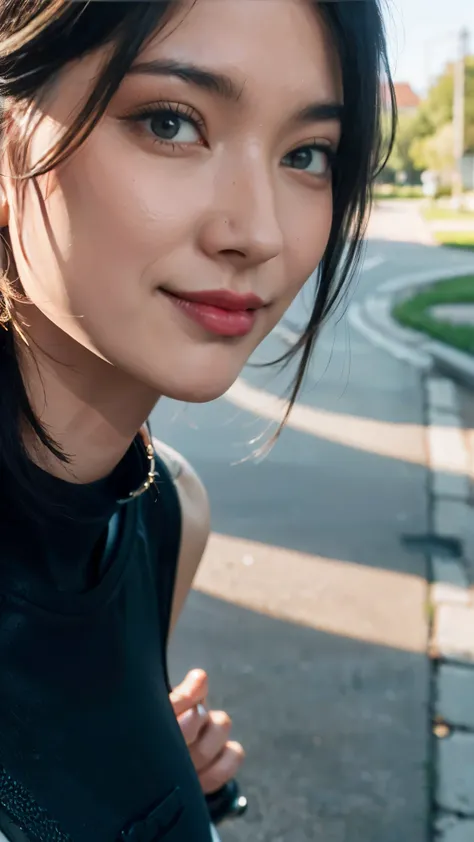 (masterpiece),best quality,amazing quality,beautiful face,((perfect assets)), (masterpiece), best quality, expressive eyes, perfect face, reze, short hair, black hair, abs, Kazakhstan girl, knife holster, leggings training track long pants, simple bra, mar...