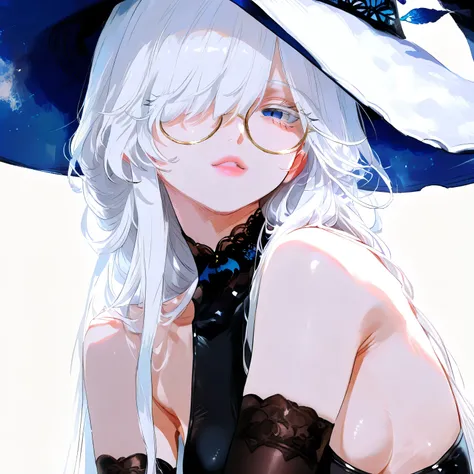 big witch hat ,The tip of the hat slightly covers the face., solo , single , 1girl, single ,  young girl , round glasses , very long hair , blue eyes , White hair , empty gaze , bangs, long hair, hair over one eye, Small Breasts , looking at viewer, colore...