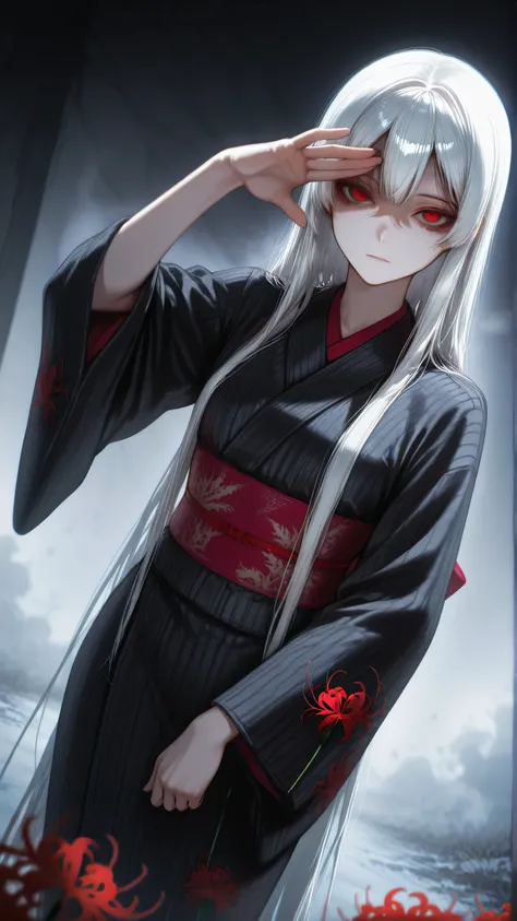 1 girl, (solo:1.2), ( horror \(theme\):1.1),
white hair, very long hair, long lashes, Red Eyes, mysterious, red ribbon, low side lock,
kimono, (silky kimono:1.1), (Black silk kimono:1.3), (spider Lily print kimono:1.1), long sleeve, ( Sleeves Over Your Fi...