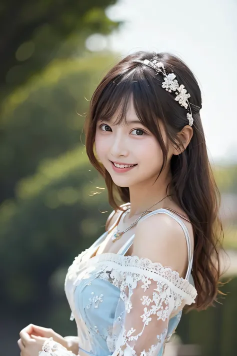 Long straight hair adorned with delicate hair accessories, wear a light blue and white gown with lace and floral details, Wearing a silver necklace , pictures of asian women with straight dark hair posing with raised arms, Indoors, 、 under soft lighting 、c...