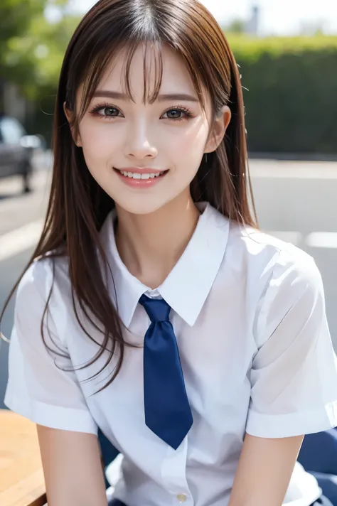 ( table top、 Highest Quality、8k、、 Ultra High Definition )、 ( cute Japanese high school student :1.1)、( The perfect polyester shirt :1.2)、( high school ribbon on chest :1.1)、 navy pleated skirt 、 upper body picture、full face blushing、 will acce...