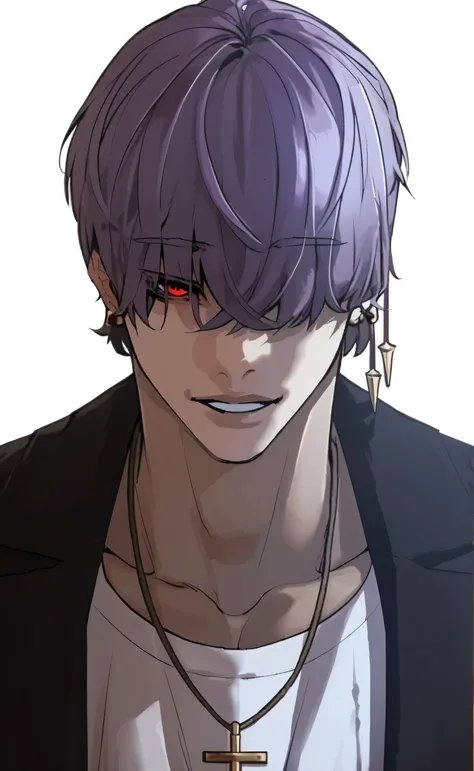 1male,solo,purple eyes,hair over eyes,1eyes,red eyes,black blazer,white shirt,earring,Cool face,