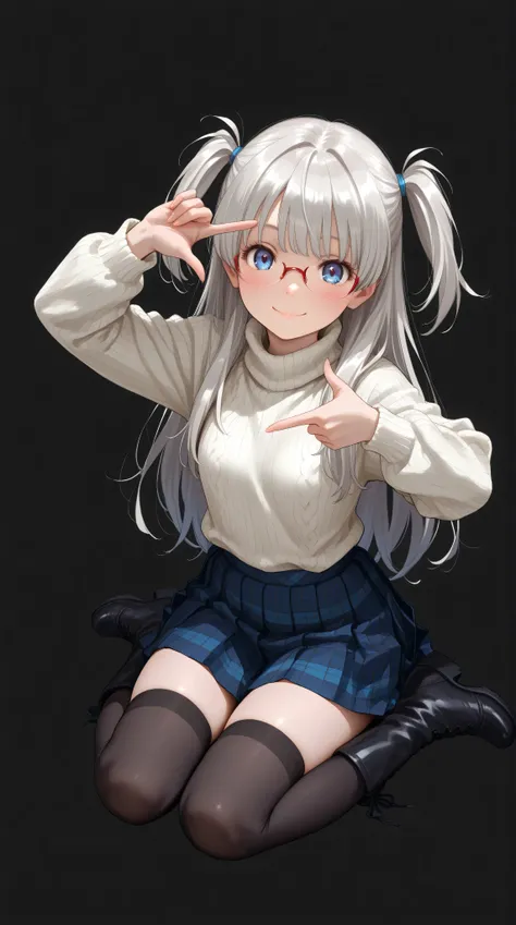 1 girl, full body, sitting on Transparent box, looking at viewer, (finger frame:1.6), petite body, slender figure, small breasts, innocent smile, bright blue eyes,red under-rim glasses, fair smooth skin, rosy cheeks, glossy lips, cute face, big expressive ...