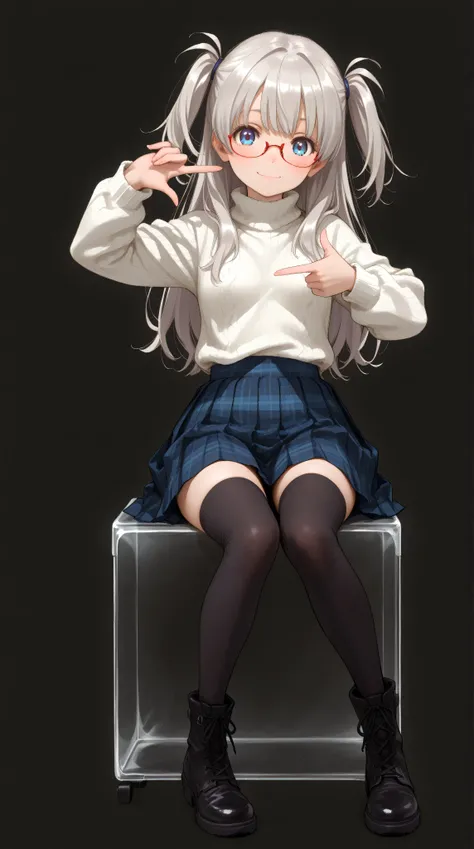 1 girl, full body, sitting on Transparent box, looking at viewer, (finger frame:1.6), petite body, slender figure, small breasts, innocent smile, bright blue eyes,red under-rim glasses, fair smooth skin, rosy cheeks, glossy lips, cute face, big expressive ...