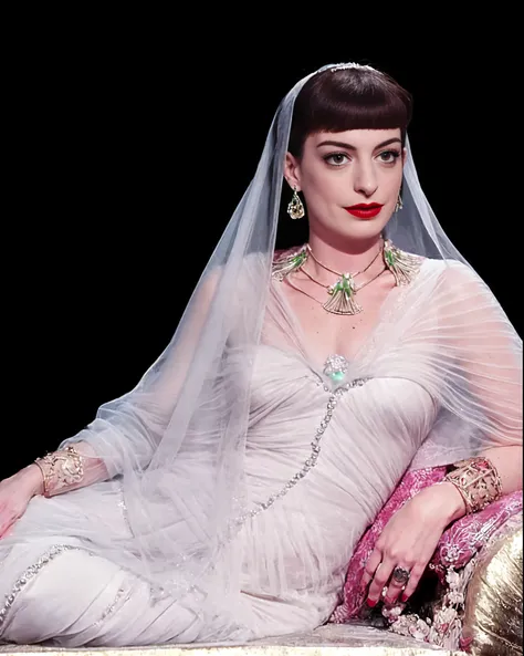 Atriz Anne Hathaway, wearing veil , posing for a photo, wearing red lipstick