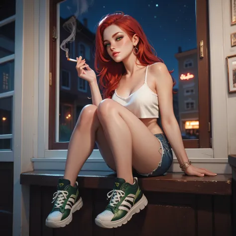 Beautiful girl, red hair, long hair, freckles all over my body, green eyes, green shoes, White top, denim shorts, completely white sneakers, entrance, window is open , sitting on the window smoking a cigarette, Night