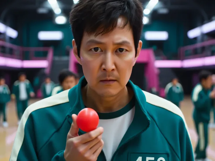 Create a front-facing cinematic portrait of Seong Gi Hun from 'Squid Game'. He is wearing a green tracksuit with a clearly visible '456' badge on his chest. He is holding a bright red gum ball in his hand, and he is staring directly at the gum ball with fo...