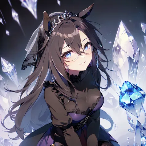 (solo, alone, cool girl, horse ears, hidden round breasts, black hair, extra long hair, looking up, seductive smile, gorgeous lace sleeves, gorgeous black lace wedding dress, blue high waist mini skirt with frills, black pantyhose, tiara, cape, veil, kneel...