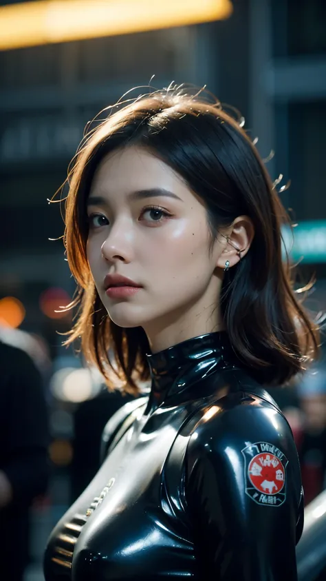 Abstract colours, texture, film grain, skin pores:0. A professional cyberpunk portrait photograph featuring a young Asian woman in a form-fitting black latex bodysuit with yellow robotic shoulder components and technological details. The subject wears turq...