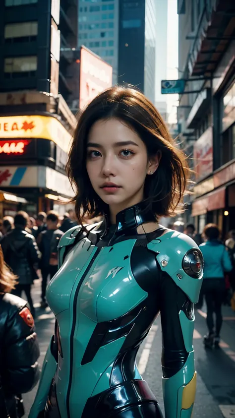 Abstract colours, texture, film grain, skin pores:0. A professional cyberpunk portrait photograph featuring a young Asian woman in a form-fitting black latex bodysuit with yellow robotic shoulder components and technological details. The subject wears turq...