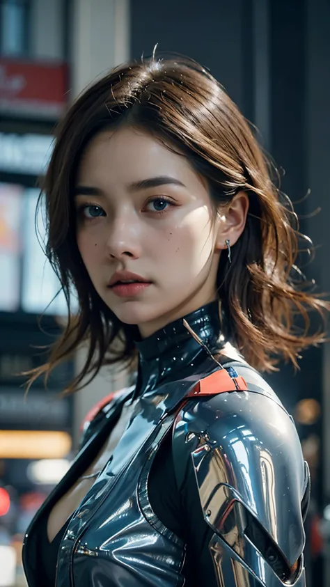 Abstract colours, texture, film grain, skin pores:0. A professional cyberpunk portrait photograph featuring a young Asian woman in a form-fitting black latex bodysuit with yellow robotic shoulder components and technological details. The subject wears turq...