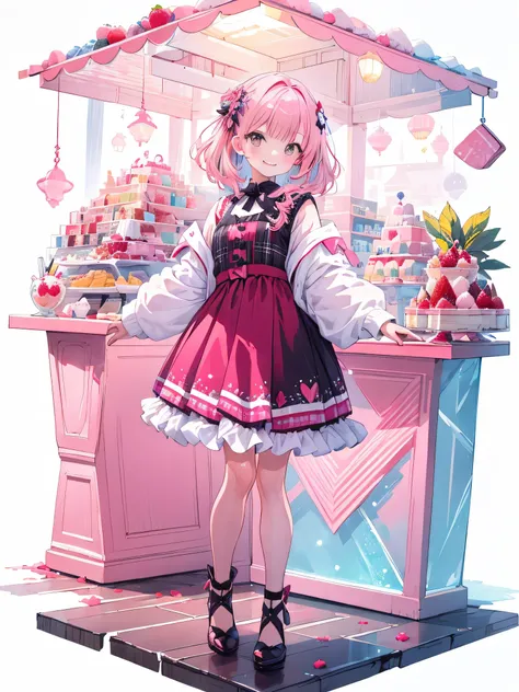 (((masterpiece))),best quality, [(white background:1.5)::5], (isometric:1.1), beautiful detailed fashion magazine style, pink hair girl wearing pastel decora fashion, intricate illustration, ice cream, sweets, shimmer, iridescent, light particles, cake, st...