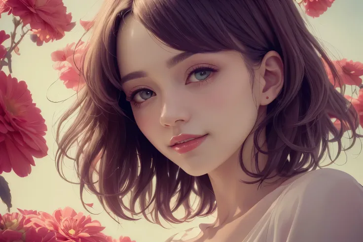 382 (20 year old woman),(short hair),(gentle smile),(high quality photos),( cinematic pictures playing on the lawn ),(colorful),(Gorgeous flowers),((contrast between light and shade))