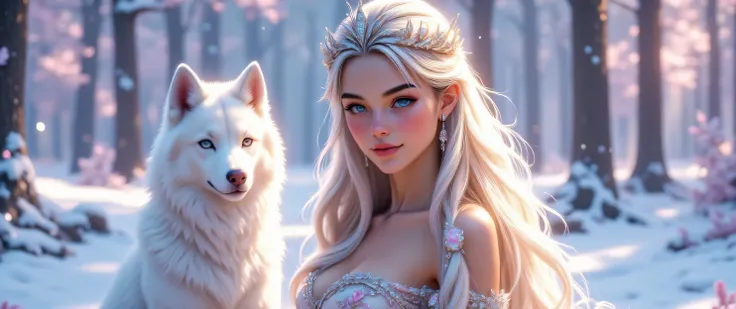 A breathtaking ultra-HD fantasy portrait of a beautiful princess with long, flowing platinum-blonde hair wearing an elegant silver and white gown adorned with intricate floral embroidery. She smiles warmly, crowned with a glittering diamond tiara and spark...