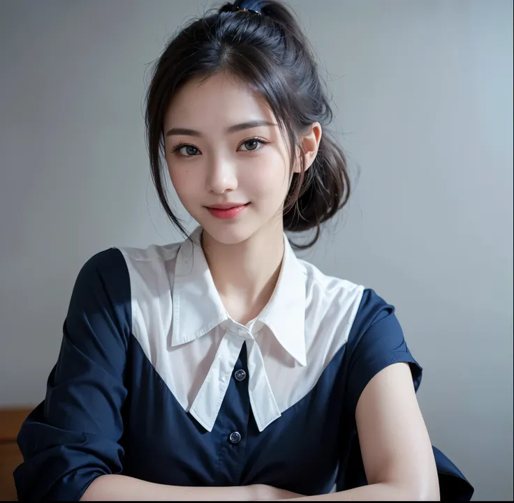masterpiece,Ultra High Definition,Masterpiece 1.5,sexy posing wearing,anatomically correct,(((very beautiful and detailed face))),very beautiful eyes,ponytail,upper body,(((1 person)))((((A simple navy blue blouse with the top button closed)))),desk work,(...