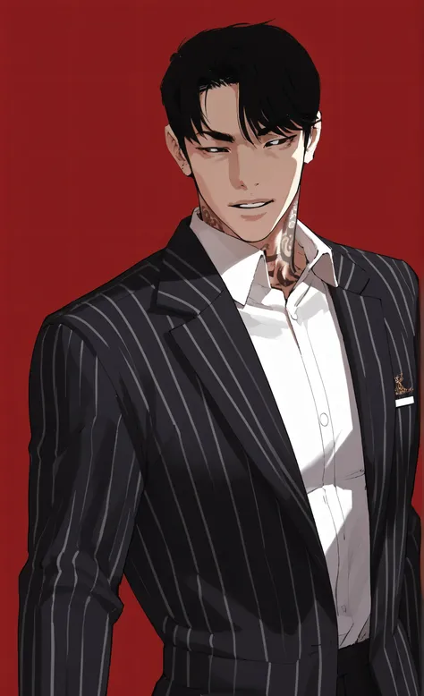1male,solo,Gun Park,black hair,hair between eyes, bang,reves eyes,big muscle,neck tattoo,