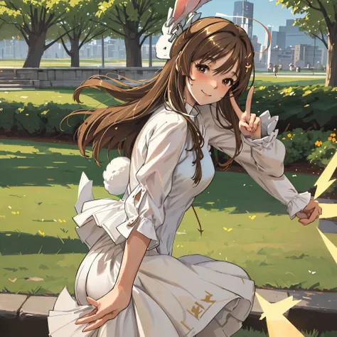 Only one female, (hands over your head), (Rabbit ears gesture), (Peace sign), a stylish outfit (Relaxed Clothes), Mature Women, /(light brown hair sticking out buttocks/) bungs, blushing gentle smiles, (Angel Aiming to Be a Masterpiece:1.2) Delicate illust...