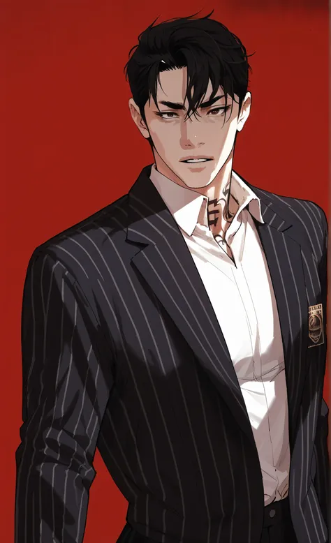 1male,solo,Gun Park,black hair,hair between eyes, bang,reves eyes,big muscle,neck tattoo,