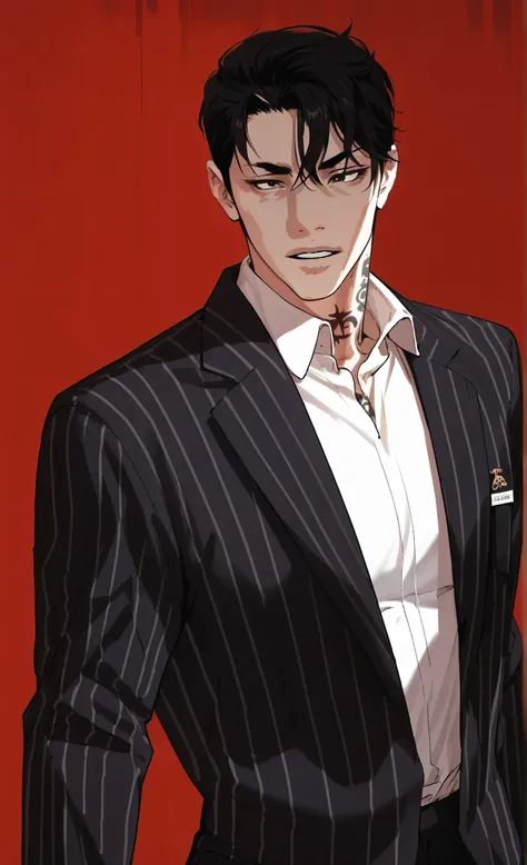 1male,solo,Gun Park,black hair,hair between eyes, bang,reves eyes,big muscle,neck tattoo,