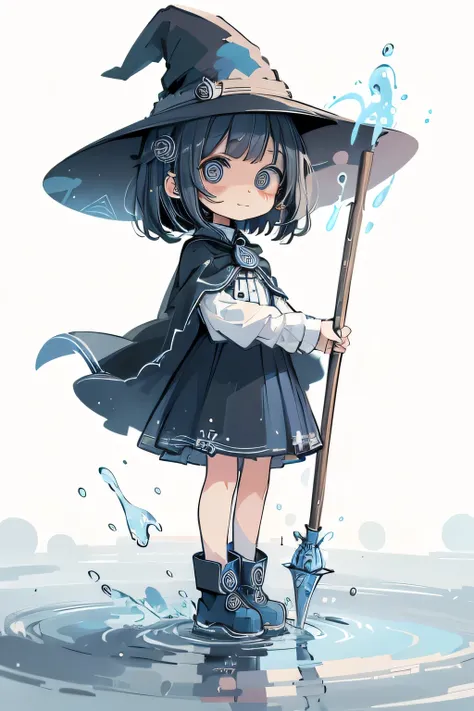 (masterpiece, best quality, chibi style, simple lines, clean white background),
cute young witch girl standing on water surface,
short bob cut black hair, big round black eyes,
wearing blue witch hat, blue cape, blue dress, and blue boots,
holding a wooden...