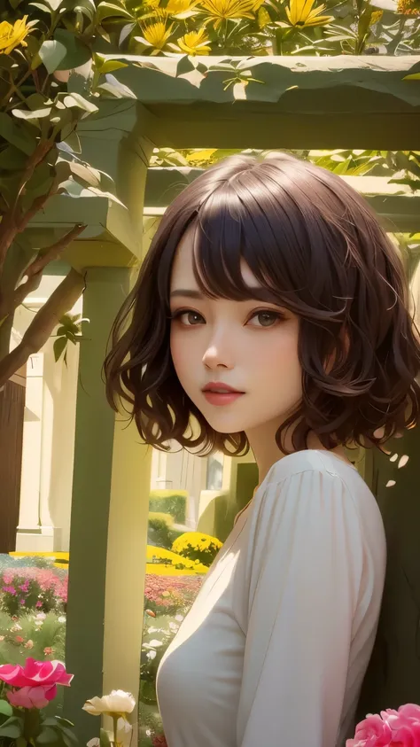 382 (20 year old woman),(short hair),(gentle smile),(high quality photos),( cinematic pictures playing on the lawn ),(colorful),(Gorgeous flowers),((contrast between light and shade))