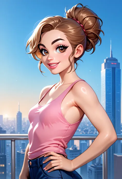 cityscape, 1girl, hair bun, brown hairstyle, black eyebrows, thin eyebrows, big eyes, brown eyes, thick lips, big smile, perfect face, beautiful girl, small breasts, tank top, pink tank top, hand on hip, (gil elvgren), (from side, looking at viewer)