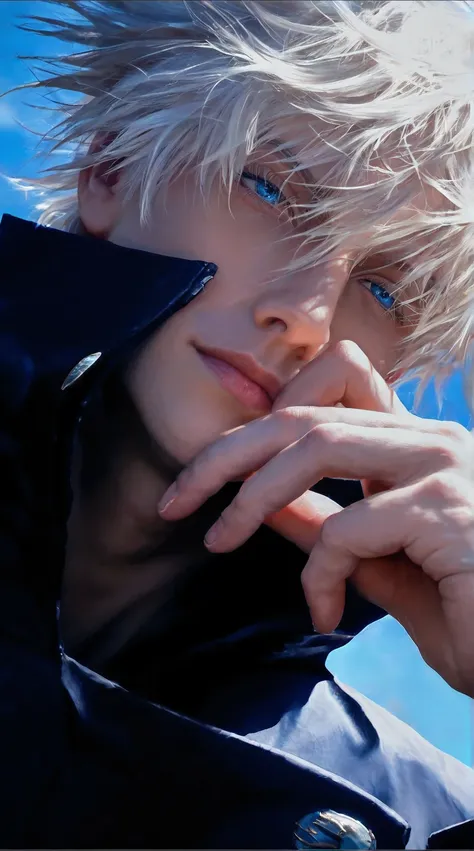 score_9, score_8_up, score_7_up, source_anime, detailed, wallpaper, beautiful details, gojo satoru, jujutsu kaisen, 1man, male focus, ultra realistic, photorealistic style, cinematic lighting, blue sky background, soft sunlight, detailed skin texture, natu...