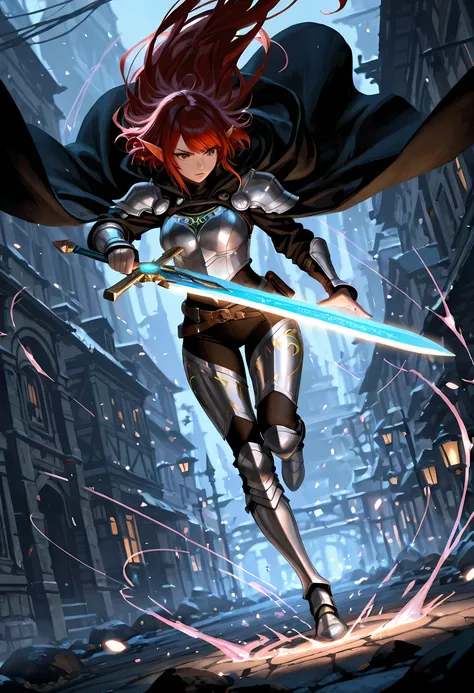 a picture of a female elf, fantasy swashbuckler, fantasy fencer, armed with a slim sword, shinning sword, metallic shine, colorful clothes, dynamic clothing, an ultra wide shot, full body, epic beautiful female elf , rich hair, small pointed ears, colorful...