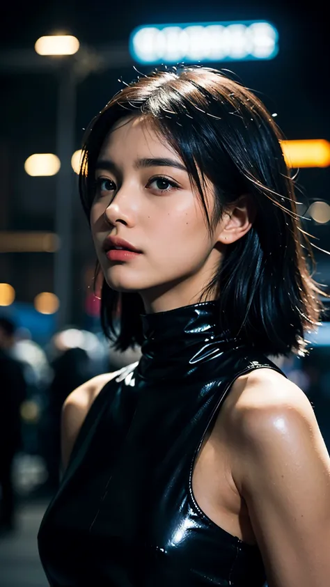 Abstract colours, texture, film grain, skin pores:0. A professional fashion portrait photograph featuring a young Asian woman in cyberpunk-inspired styling, wearing a high-neck sleeveless black latex top that reflects light dramatically. The subject faces ...