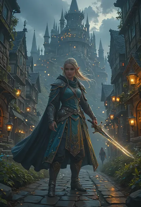 a picture of a female elf, fantasy swashbuckler, fantasy fencer, armed with a slim sword, shinning sword, metallic shine, colorful clothes, dynamic clothing, an ultra wide shot, full body, epic beautiful female elf , rich hair, small pointed ears, colorful...