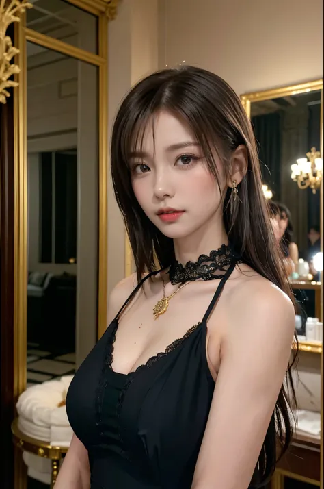(((best quality))),(((ultra detailed))),(((masterpiece))),illustration,((1girl, noblewoman,solo)),(shoulder length messy hair:1.3),((slim,thin)),((small breasts,flat chest)),((earrings,crystal necklace)),poised, glamorous,(sophisticated makeup:1.3), elegan...