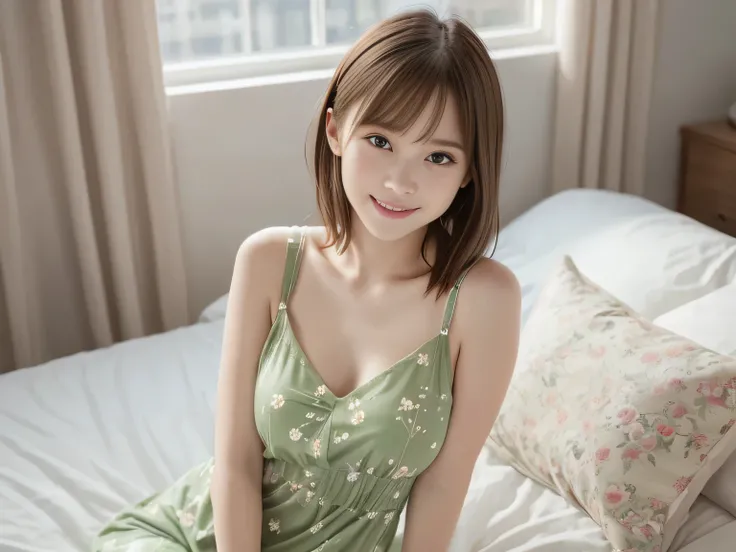 (( 1 European woman )), (tween model, , young)),( brown short short hair), Beautiful Like a Fairy, Seductive nervous smile , symbol body, exposed chest, naked, Soft light, lies in the bed, full body image, masterpiece, 最High Quality, Photorealistic, 8k, h...