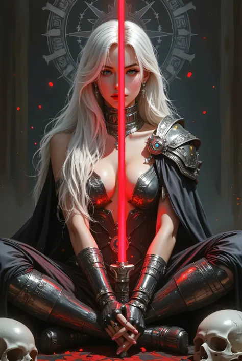 Comic sex art. Score_9, score_8_up, score_7_up, ((highest quality)), ((masterpiece)), (be familiar with), Perfect Face, (High definition), (Best Shadow), 8k, cinematic, (Realistic:1.4),dramatic. Luis Royo's style, A sith woman with long, straight, platinu...