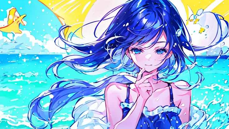 1 girl,solo,cute,light background,splashes,on the beach,Shining Sea,Bright Sky,A close-up of the girl's front face looking at me
