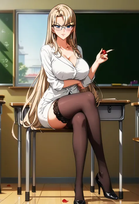 Kurashiki Reika, (Highest quality, masterpiece, Ultra-fine, delicate, 4K, Full HD), A girl, solo, Mature woman, Blonde, blue eyes, beautiful, beautiful and perfect face, Perfect luxurious glasses, View your audience, Tsundere, long hair, collarbone, Perfec...