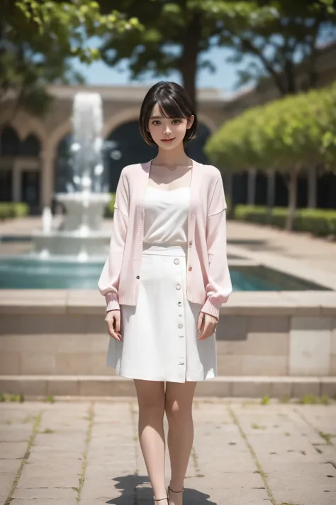 realistic、high image quality、Detailed Exact、8K、1 woman、7、((full body1.5))、full body shot、((Full Body 1.5))、Vision、Vision、Vision(Long Shot:2.0)、((Long Shot2.0))、((long shot 2.0))、Standing in front of a park fountain、((short short hair 2.0))、 has bangs、smile...