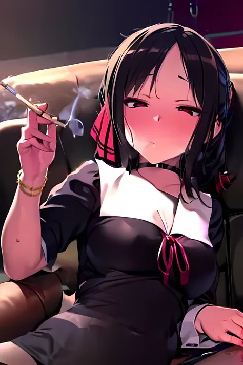 masterpiece, Best Quality, high resolution,shinomiya kaguya, red eyes, black hair, hair ribbon,school uniform,smoking cigarette, on table,inside living room, sofa, extreme detail,