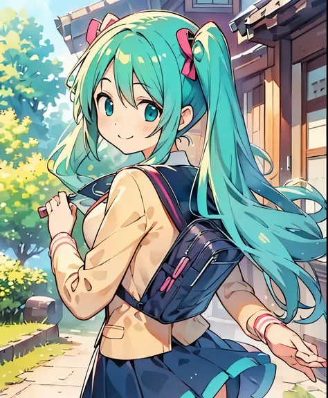( masterpiece、 Highest Quality、 Highest Quality、official art、 beautiful beautiful :1.2) Hatsune Miku、light green twin-tails, beautiful breasts, Home from School、watercolor style、pale color、 hand drawn style, student、high school girl、School route、Carrying a...