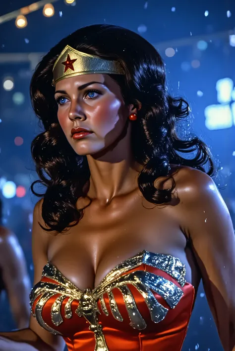 3/4 close-up of Lynda Carter as Wonder Woman preparing for battle in a neon combat arena, red and chrome armor reflecting electric blue light, battle scarring on her cheekplate, breathing softly in the glow of digitized flames, background filled with crowd...