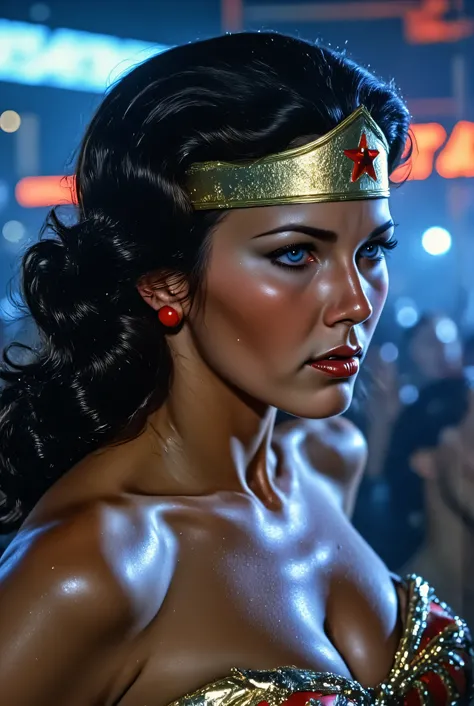 3/4 close-up of Lynda Carter as Wonder Woman preparing for battle in a neon combat arena, red and chrome armor reflecting electric blue light, battle scarring on her cheekplate, breathing softly in the glow of digitized flames, background filled with crowd...