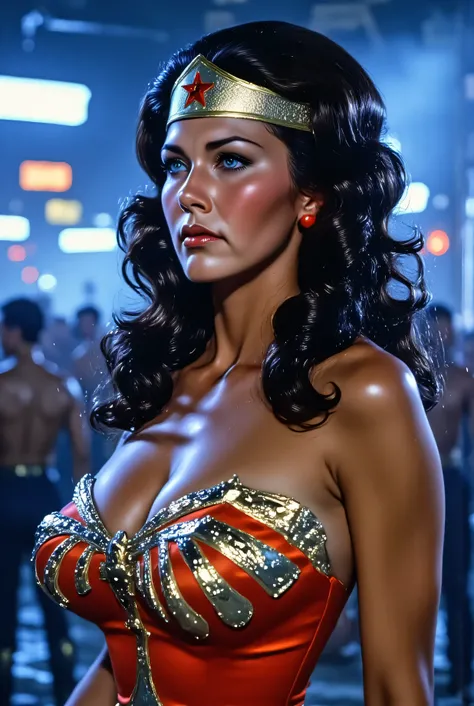 3/4 close-up of Lynda Carter as Wonder Woman preparing for battle in a neon combat arena, red and chrome armor reflecting electric blue light, battle scarring on her cheekplate, breathing softly in the glow of digitized flames, background filled with crowd...