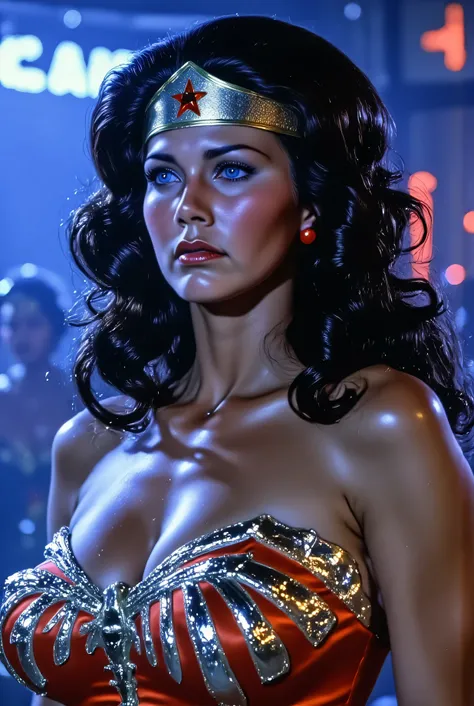 3/4 close-up of Lynda Carter as Wonder Woman preparing for battle in a neon combat arena, red and chrome armor reflecting electric blue light, battle scarring on her cheekplate, breathing softly in the glow of digitized flames, background filled with crowd...