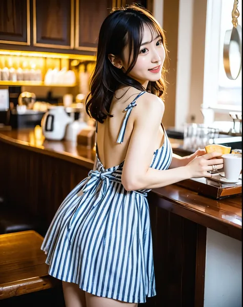 Beautiful legs, stockings, ultra  details, masterpiece, Highest Quality, beautiful,  details, alone, charming smile, Sexy Lips , one girl, brown eyes, silver-haired, Sexy Poses, big breasts, Low Hair Ring, open your legs, facing backwards, waitress, 美脚のwai...