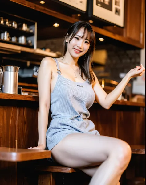 Beautiful legs, stockings, ultra  details, masterpiece, Highest Quality, beautiful,  details, alone, charming smile, Sexy Lips , one girl, brown eyes, silver-haired, Sexy Poses, big breasts, Low Hair Ring, open your legs, facing backwards, waitress, 美脚のwai...
