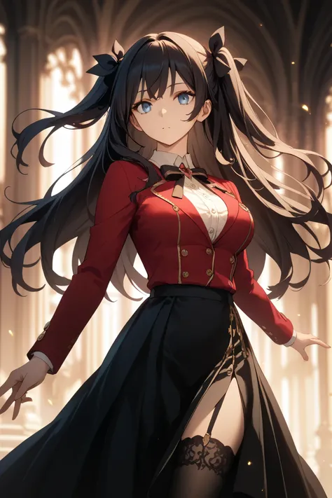 Jin and the Royal Family,,Slender Big Breasts, , blue eyes,Black hair color,Two Side Up, hair bow, black bow, split bangs, black knee-high stockings,Red blazer,gold embroidery and trinkets,antique black long skirt,,,button,, ,masterpiece, Highest Quality, ...