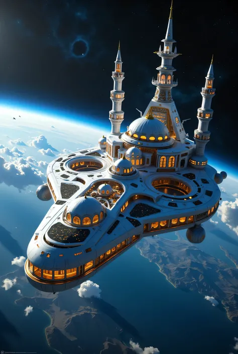  "Al-Noor: Spaceship that carries the city and With domes and minarets inspired by the architecture of mosques and visible earth from the outside which is colored blue and specks of stars in the dark sky.