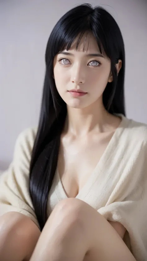 "Create a hyper-realistic portrait of a beautiful young woman inspired by Hyuga Hinata from Naruto Shippuden, reimagined as if she exists in the real world. She has fair, flawless skin, long dark indigo hair with soft waves, and distinctive pale lavender e...